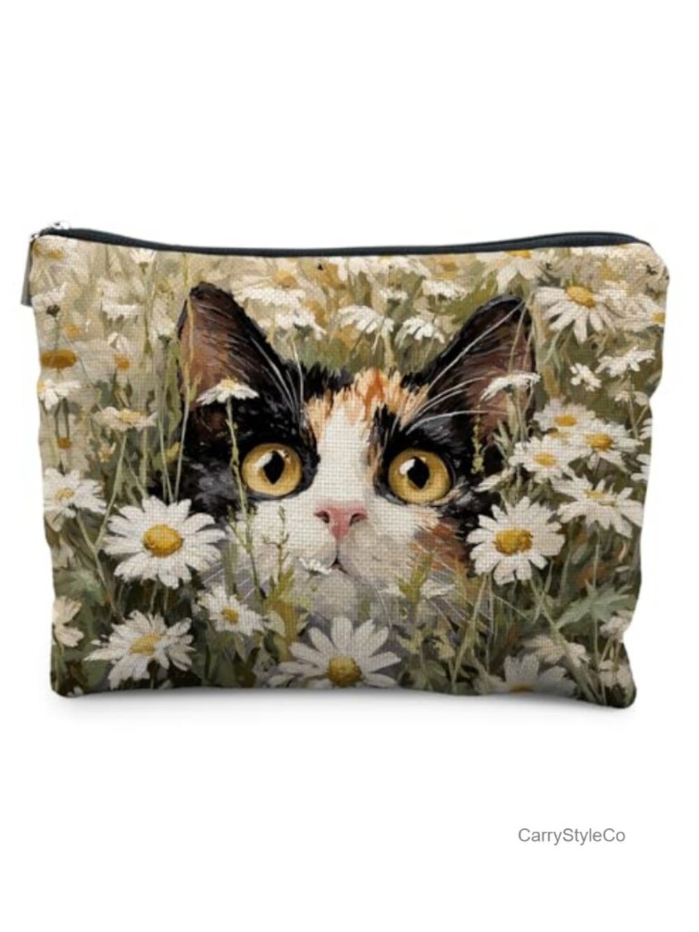 Cat Floral Makeup Bag for Women, Linen Travel Toiletry Pouch Zipper